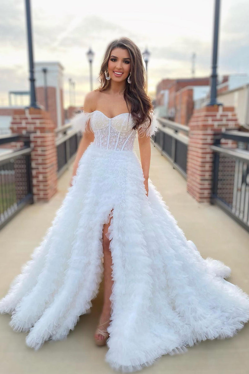 Load image into Gallery viewer, Princess A Line Off the Shoulder Pink Long Prom Dress with Feather