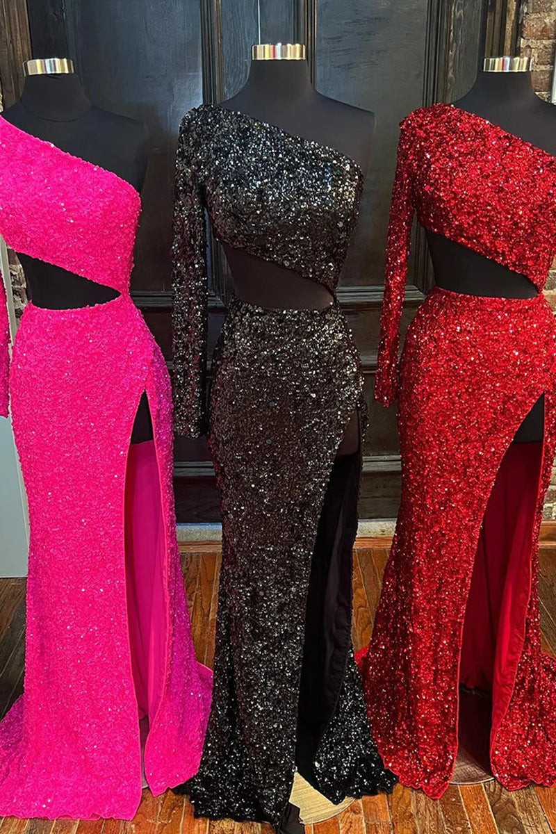 Load image into Gallery viewer, Sheath One Shoulder Red Sequins Long Prom Dress with Silt