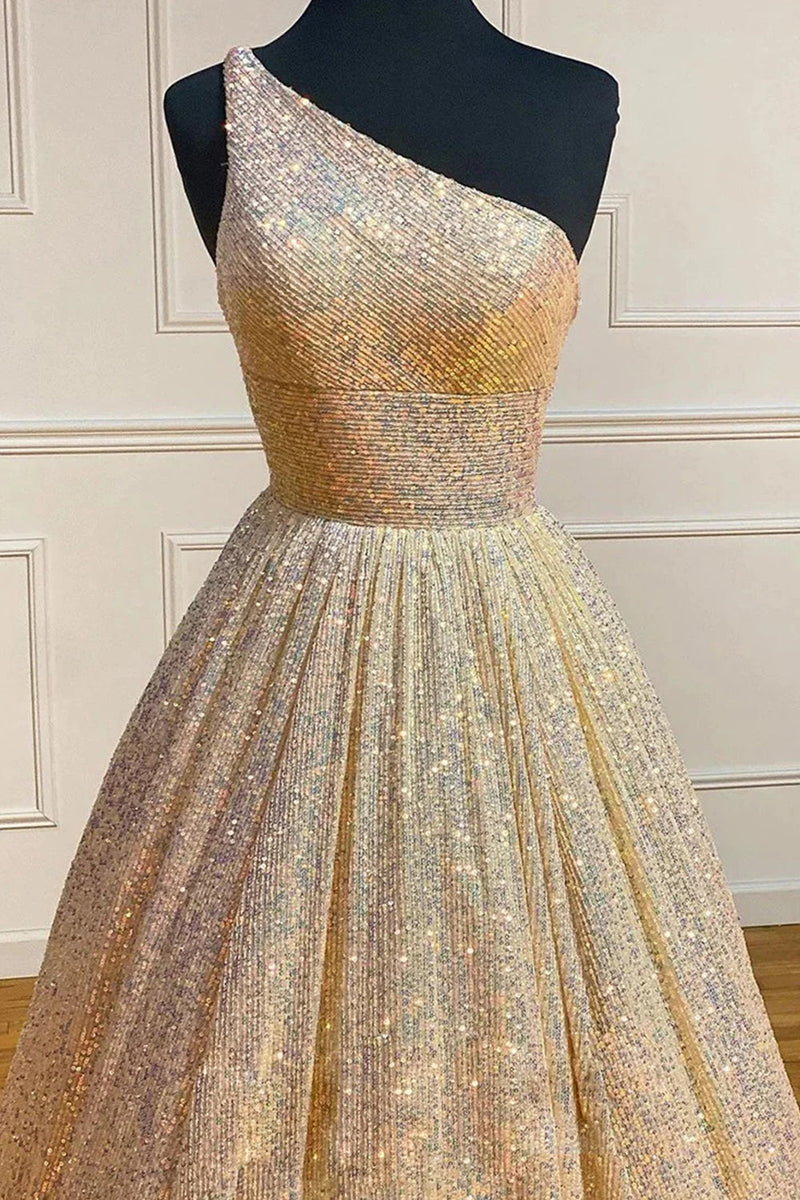 Load image into Gallery viewer, Blue One Shoulder A Line Sequins Prom Dress