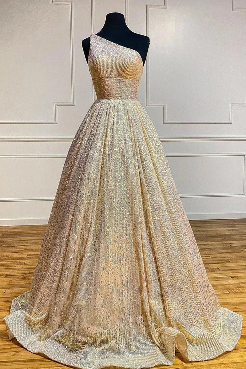 Load image into Gallery viewer, Blue One Shoulder A Line Sequins Prom Dress