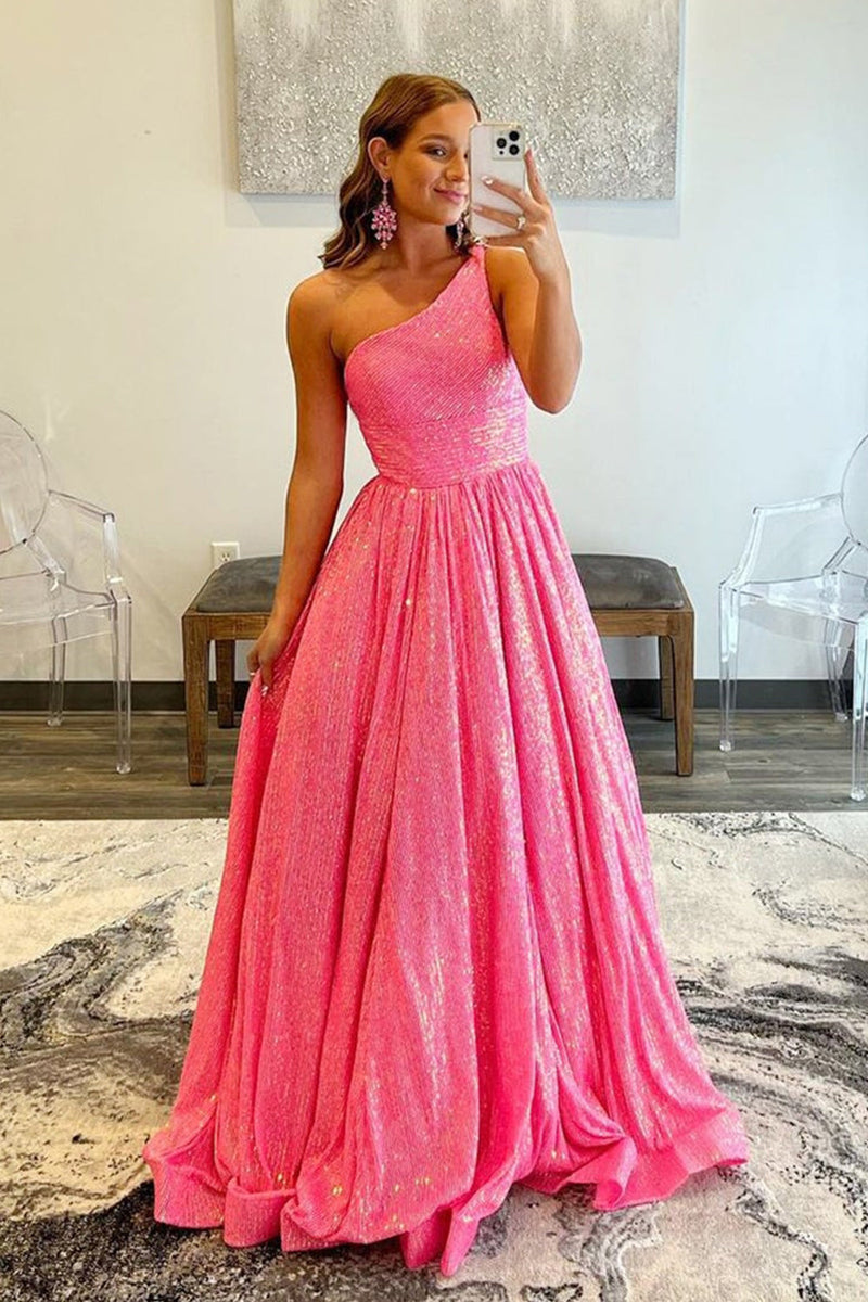 Load image into Gallery viewer, Sparkly Pink One Shoulder A Line Sequins Prom Dress