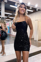 Load image into Gallery viewer, Sparkly Black Zipper Backless Sequins Tight Short Party Dress