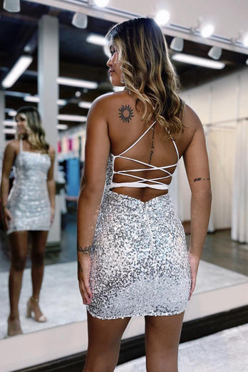 Sparkly Black Sequined Zipper Spaghetti Straps Tight Short Party Dress