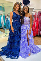 Load image into Gallery viewer, Sparkly Black One Shoulder Tiered Lace Long Prom Dress with Slit