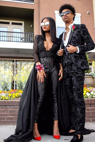 Black Peak Lapel Jacquard Men's Prom Suits