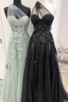 Load image into Gallery viewer, A Line One Shoulder Sky Blue Long Prom Dress with Appliques