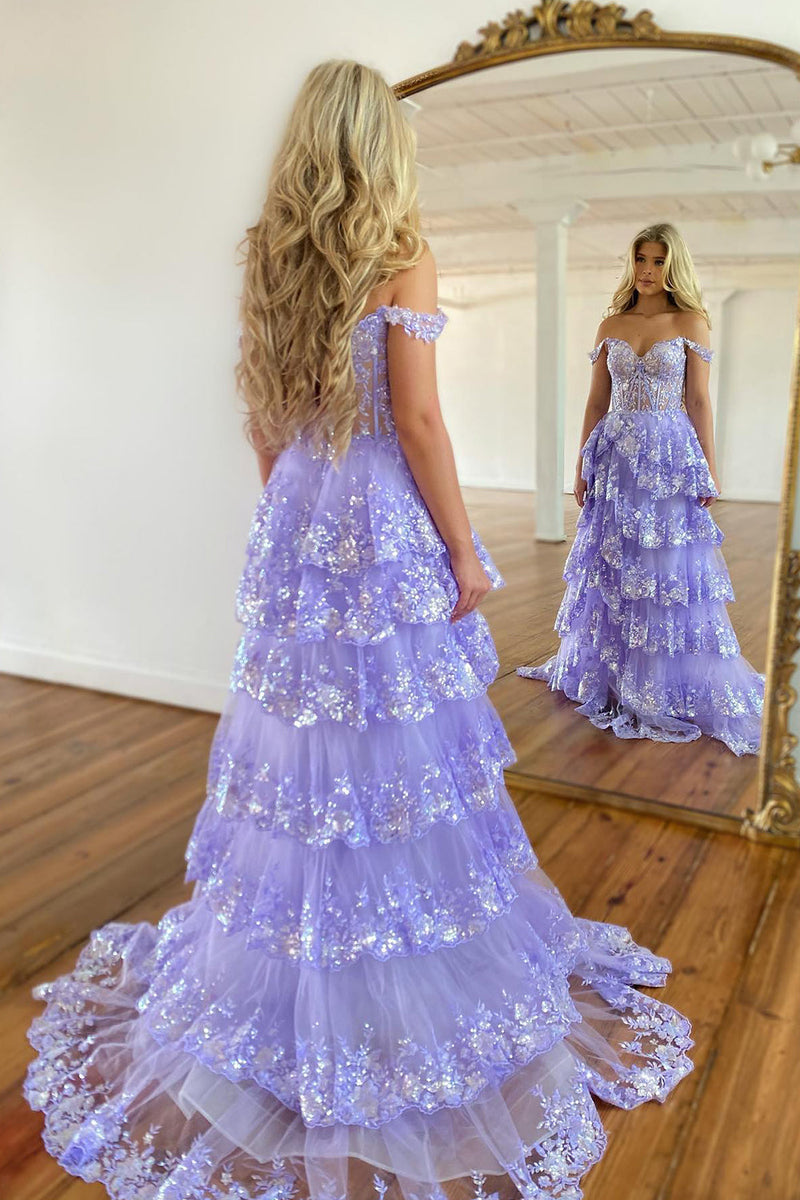 Load image into Gallery viewer, Lilac Off The Shoulder Tiered Prom Dress