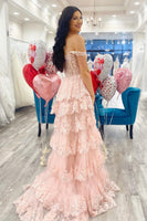 Load image into Gallery viewer, Pink Off The Shoulder Tiered Prom Dress
