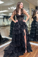 Load image into Gallery viewer, Sparkly Black Off The Shoulder Tiered Corset Prom Dress
