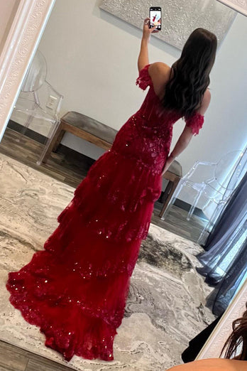 Dark Red Off The Shoulder Tiered Prom Dress