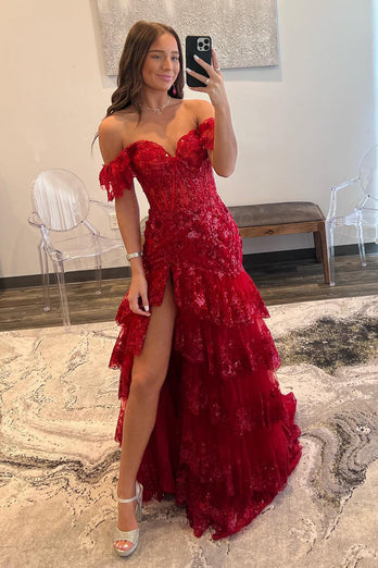 Dark Red Off The Shoulder Tiered Prom Dress