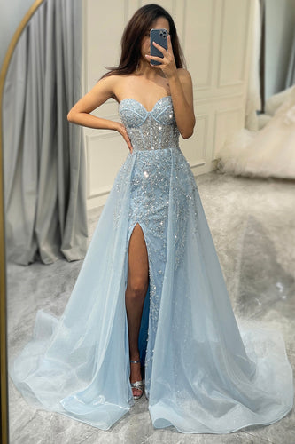 Glitter Light Blue Long Corset Prom Dress With Slit