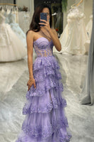 Load image into Gallery viewer, Glitter Purple Sweetheart Long Corset Tiered Prom Dress With Slit