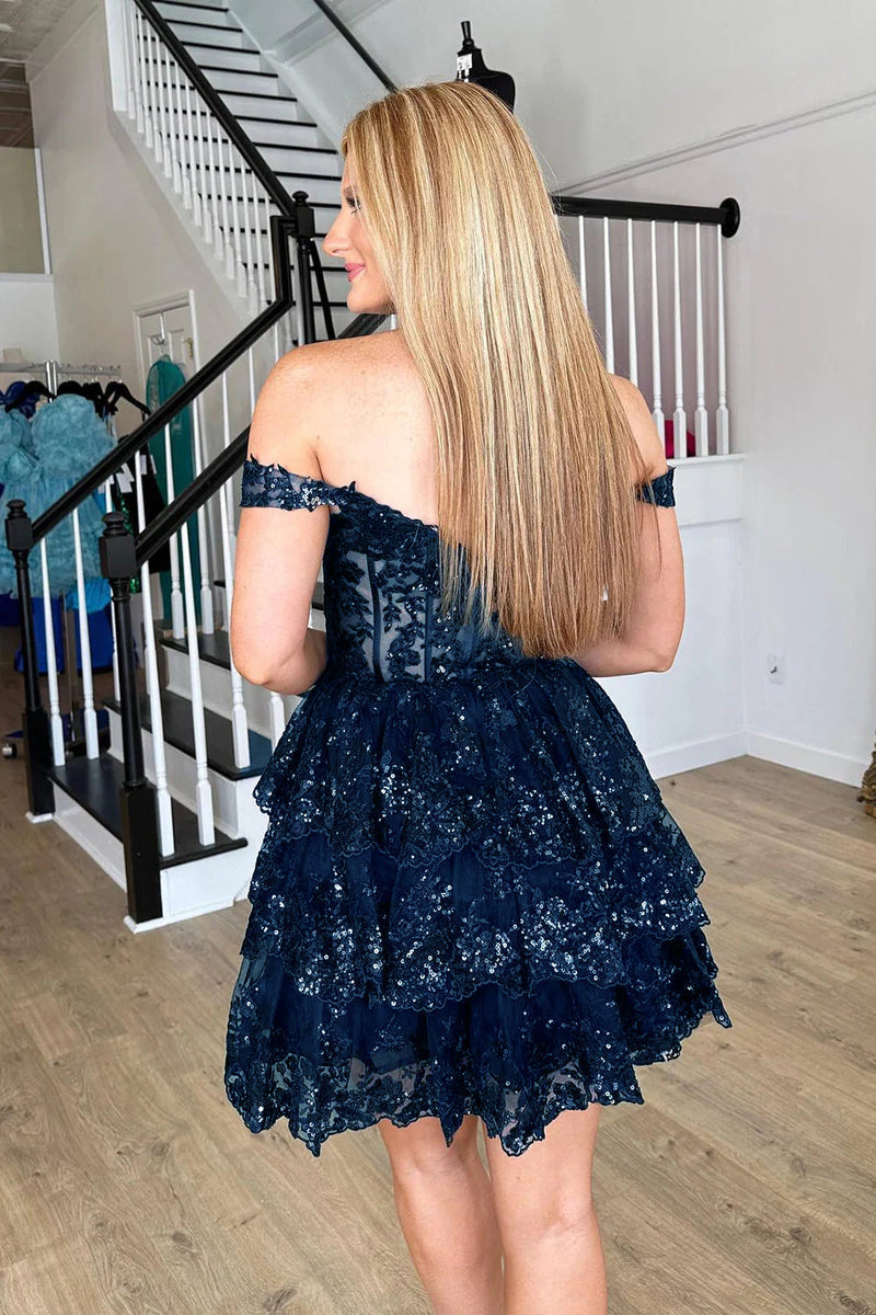 Load image into Gallery viewer, Sparkly Navy Corset Tiered Lace A-Line Short Prom Dress