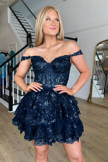 Women Sparkly Navy A-Line Short Prom Dress Off the Shoulder Corset Lace Party Dress