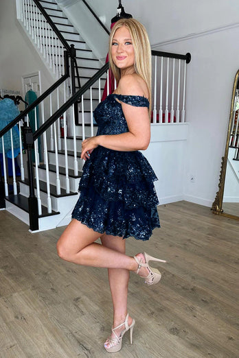 Sparkly Navy Corset Tiered Lace A-Line Short Prom Dress