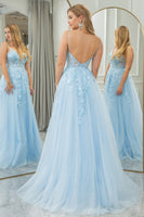 Load image into Gallery viewer, Light Blue A Line Tulle Backless Long Corset Prom Dress With Appliques