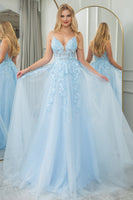 Load image into Gallery viewer, Light Blue A Line Tulle Backless Long Corset Prom Dress With Appliques