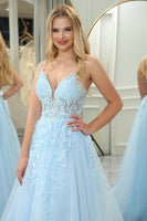 Load image into Gallery viewer, Light Blue A Line Tulle Backless Long Corset Prom Dress With Appliques