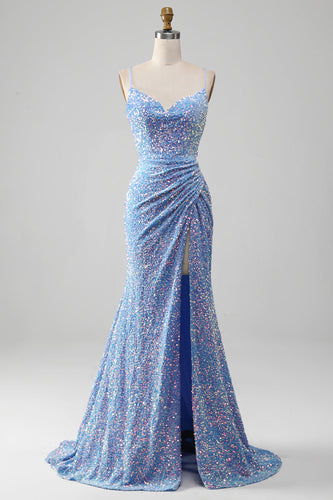 Sparkly Sequins Mermaid Light Blue Prom Dress with Slit