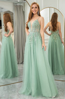 Load image into Gallery viewer, Green A Line Tulle Backless Long Prom Dress With Appliques