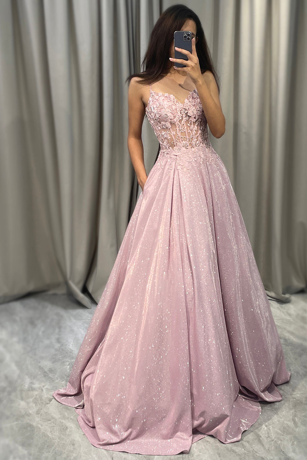 Sparkly Blush A Line Appliqued Long Corset Prom Dress