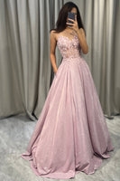 Load image into Gallery viewer, Sparkly Blush A Line Appliqued Long Corset Prom Dress
