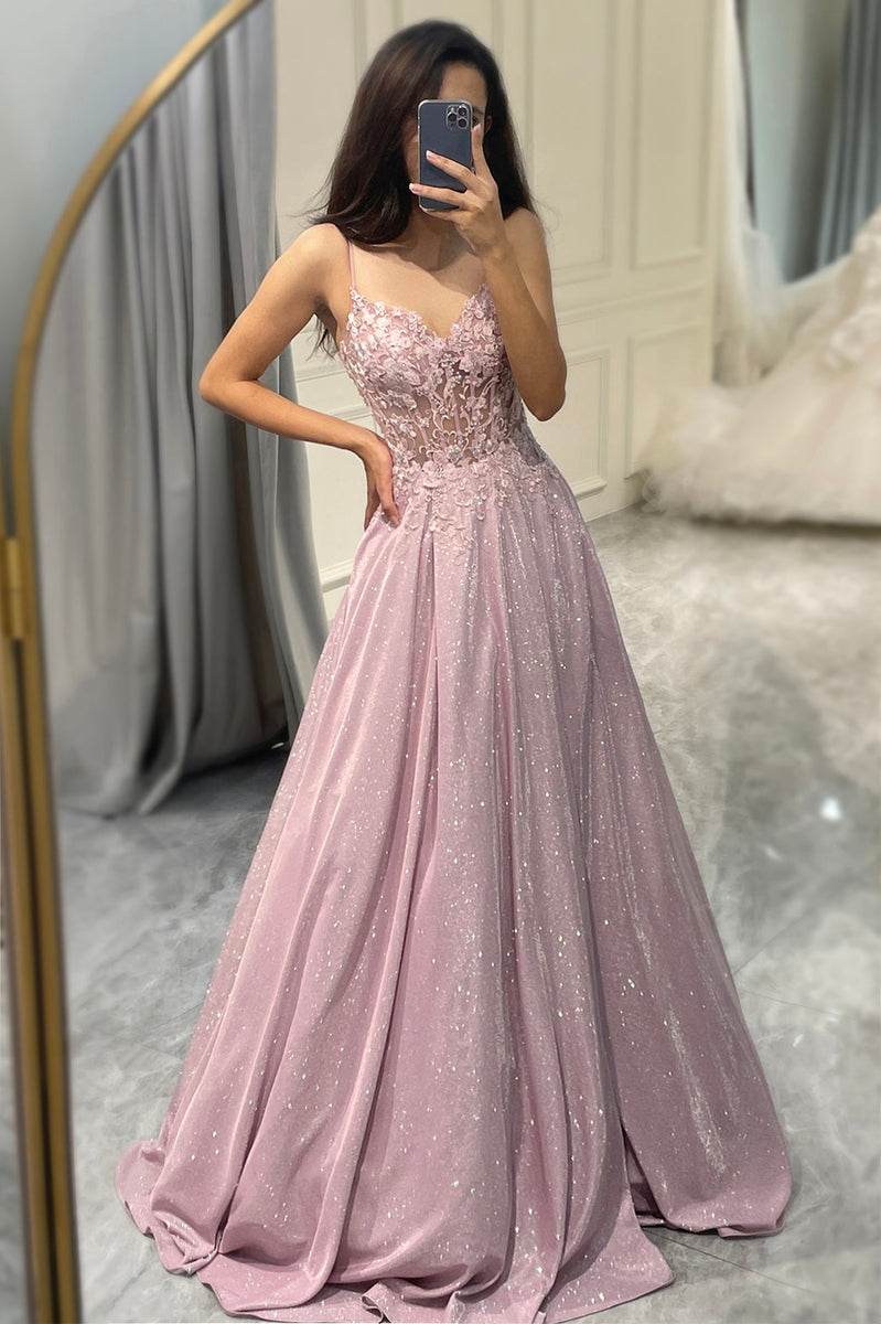 Load image into Gallery viewer, Sparkly Blush A Line Appliqued Long Corset Prom Dress
