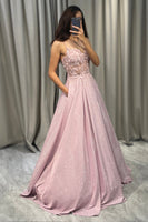 Load image into Gallery viewer, Sparkly Blush A Line Appliqued Long Corset Prom Dress