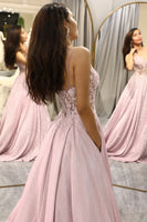 Load image into Gallery viewer, Sparkly Blush A Line Appliqued Long Corset Prom Dress