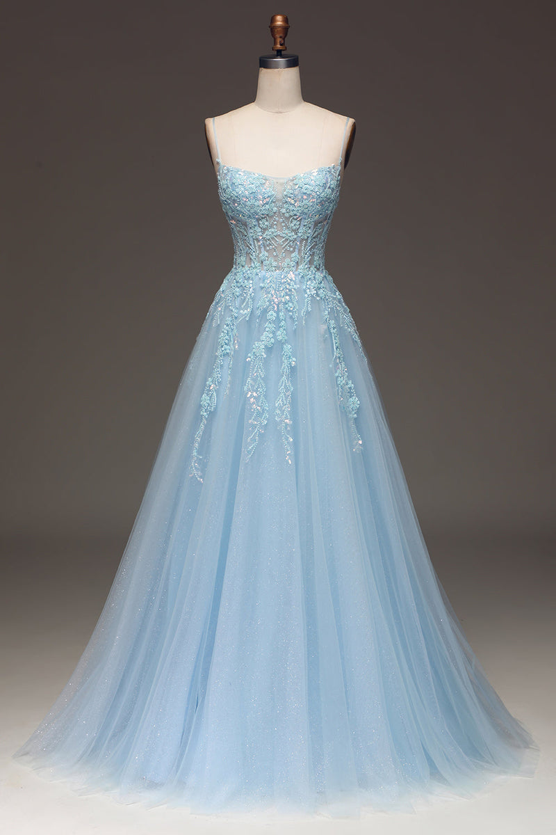 Load image into Gallery viewer, Spaghetti Straps A Line Fuchsia Prom Dress with Appliques