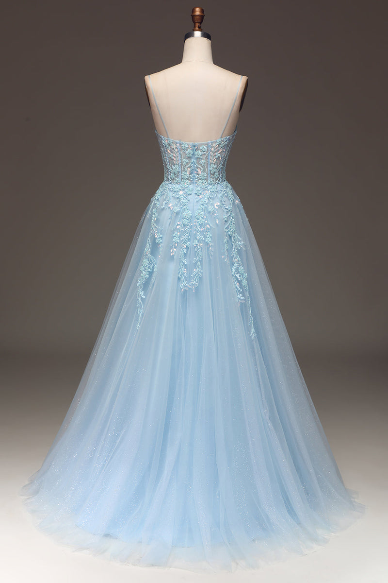 Load image into Gallery viewer, Spaghetti Straps A Line Fuchsia Prom Dress with Appliques