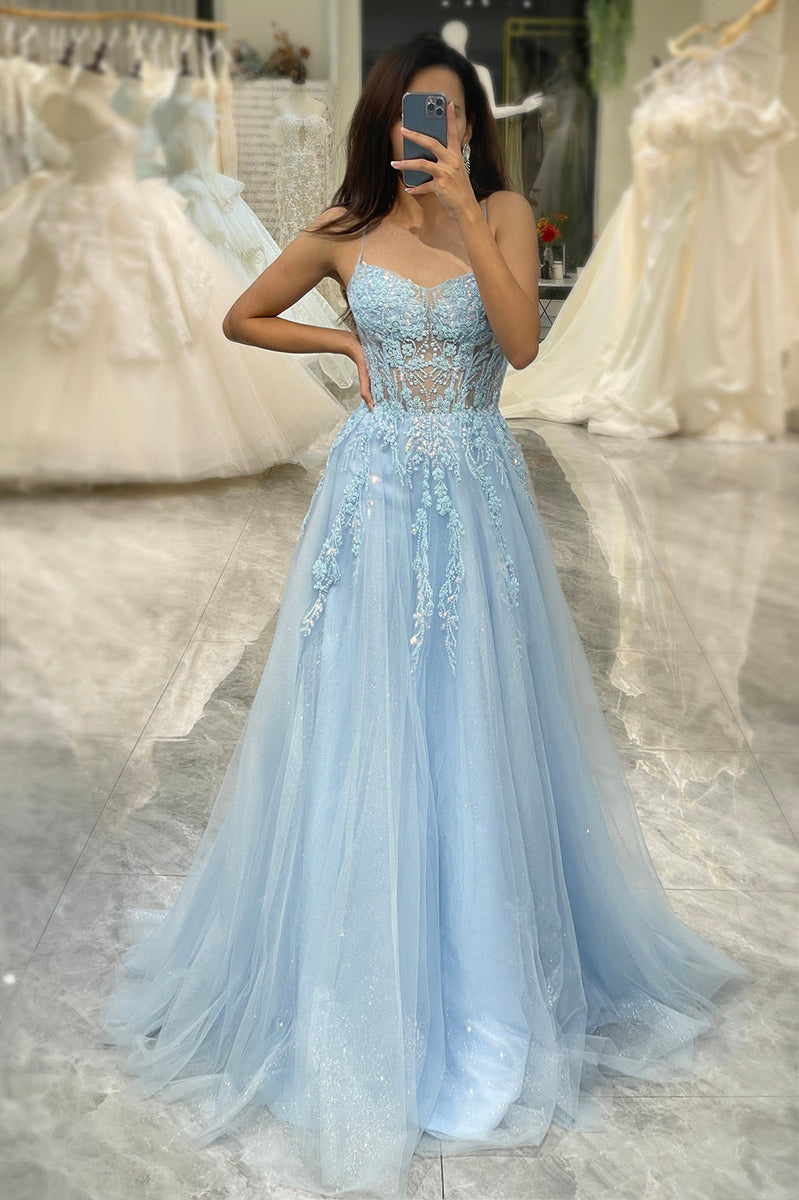 Load image into Gallery viewer, Light Blue A Line Tulle Long Corset Appliqued Prom Dress