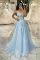 Load image into Gallery viewer, Light Blue A Line Tulle Long Corset Appliqued Prom Dress