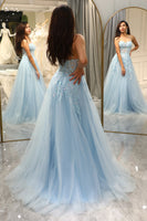 Load image into Gallery viewer, Light Blue A Line Long Corset Prom Dress With Appliques