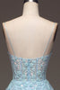 Load image into Gallery viewer, A Line Light Blue Sequin Spaghetti Straps Prom Dress With Appliques