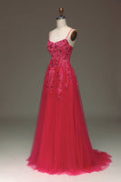 Load image into Gallery viewer, Spaghetti Straps A Line Fuchsia Prom Dress with Appliques