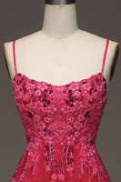 Load image into Gallery viewer, Spaghetti Straps A Line Fuchsia Prom Dress with Appliques