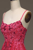 Load image into Gallery viewer, Spaghetti Straps A Line Fuchsia Prom Dress with Appliques