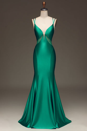 Green Deep V-neck Satin Mermaid Prom Dress with Lace-up Back