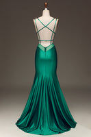 Load image into Gallery viewer, Green Deep V-neck Satin Mermaid Prom Dress with Lace-up Back