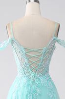 Load image into Gallery viewer, Light Green Cold Shoulder Sequins Prom Dress