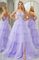 Load image into Gallery viewer, Lilac A Line Appliqued Tiered Long Corset Prom Dress With Slit