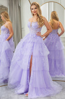 Load image into Gallery viewer, Lilac A Line Appliqued Tiered Long Corset Prom Dress With Slit