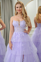 Load image into Gallery viewer, Lilac A Line Appliqued Tiered Long Corset Prom Dress With Slit