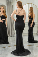 Load image into Gallery viewer, Glitter Black Mermaid Cut Out Long Prom Dress