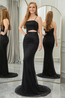 Load image into Gallery viewer, Glitter Black Mermaid Cut Out Long Prom Dress