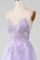 Load image into Gallery viewer, Sparkly Light Purple A-Line Spaghetti Straps Long Prom Dress With Beading