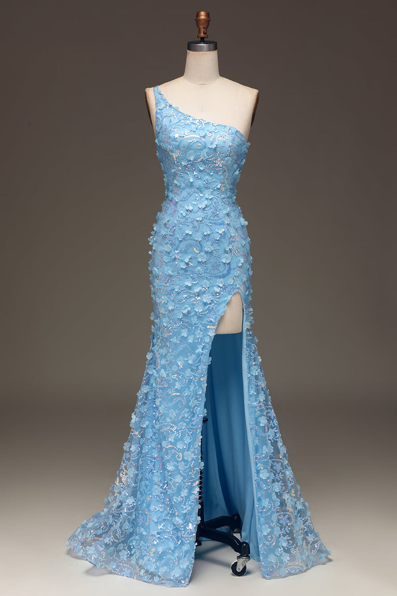 Load image into Gallery viewer, Light Blue Mermaid One Shoulder Side Slit Sequin Prom Dress with Appliques