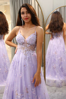 Load image into Gallery viewer, Elegant Purple A Line Tulle Long Appliqued Prom Dress